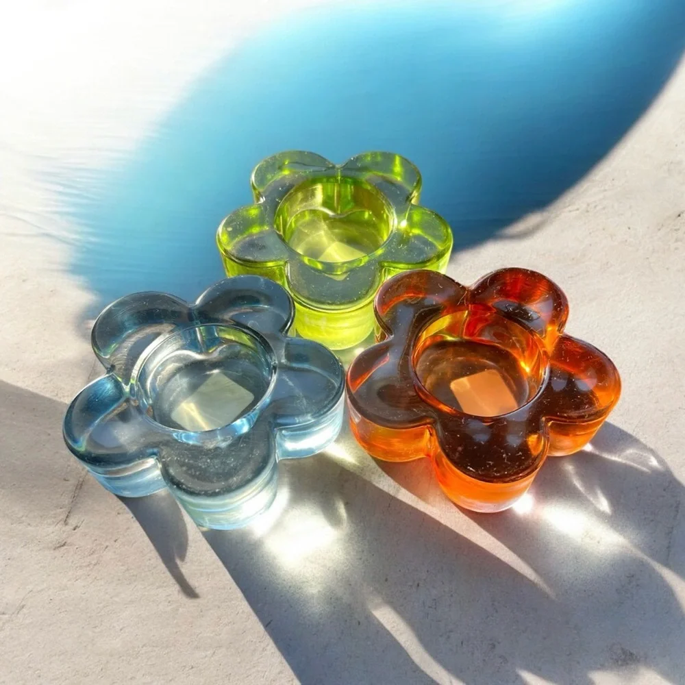 Crate&Barrel Multicolor Glass Flower Candle Holders